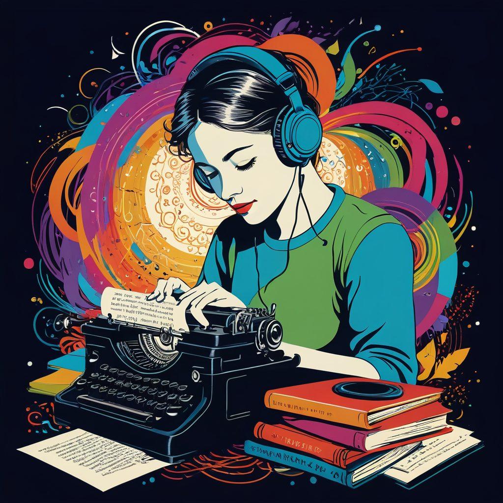 A vibrant illustration of a person with headphones, passionately writing at a vintage typewriter surrounded by swirling colorful words and stories coming to life around them. Include elements like a glowing microphone, open books, and creative doodles to represent storytelling. Emphasize warmth and creativity in the atmosphere. vibrant colors. vector art.