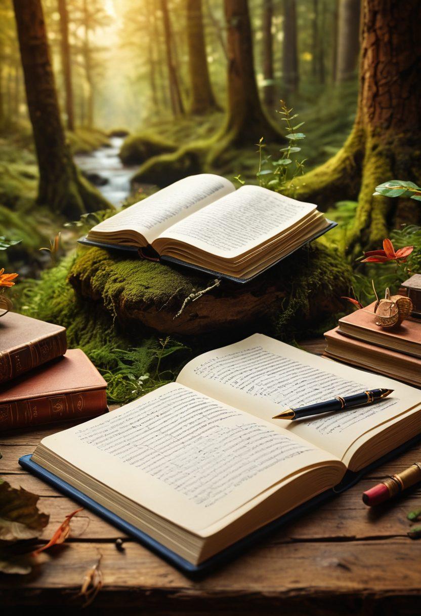 An open notebook with a quill pen, surrounded by whimsical story elements like floating books, enchanted forests, and characters coming to life, symbolizing creativity in storytelling. A warm, inviting light illuminates the scene, with ink splashes adding a playful touch. The background features a dreamy, surreal landscape to inspire imagination. vibrant colors. painting.