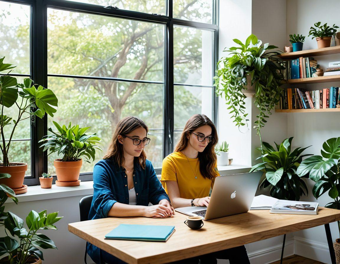 A person sitting at a stylish desk with a laptop open, crafting a blog post, surrounded by vibrant plants, colorful books, and a camera. A large window shows a sunny outdoor scene, symbolizing inspiration and creativity. Include elements of social media icons floating around them, representing online presence. super-realistic. vibrant colors. warm lighting.
